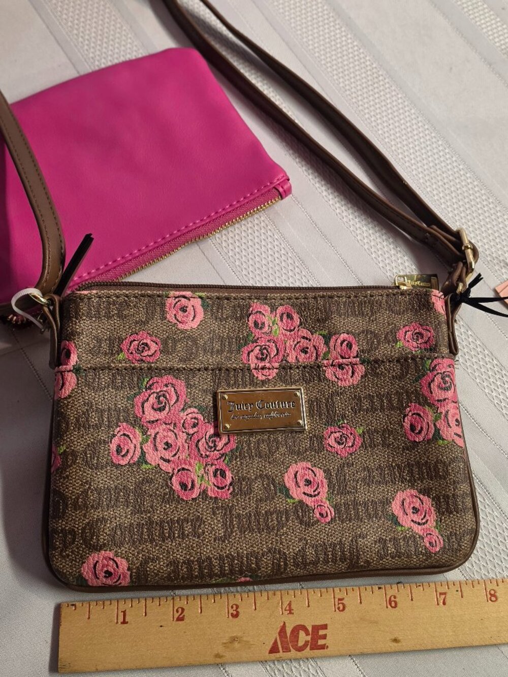 Juicy Couture pink & brown rose print crossbody bag and pink pouch